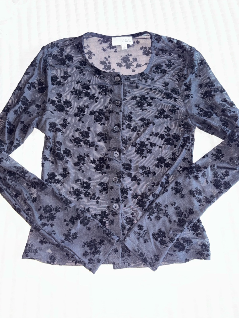 Sunday edition Black Floral Velvet Burnout Button-Front Cardigan small